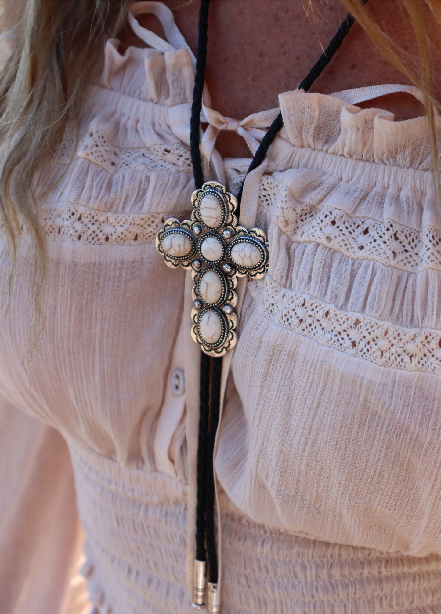 White gems cross Bolo tie