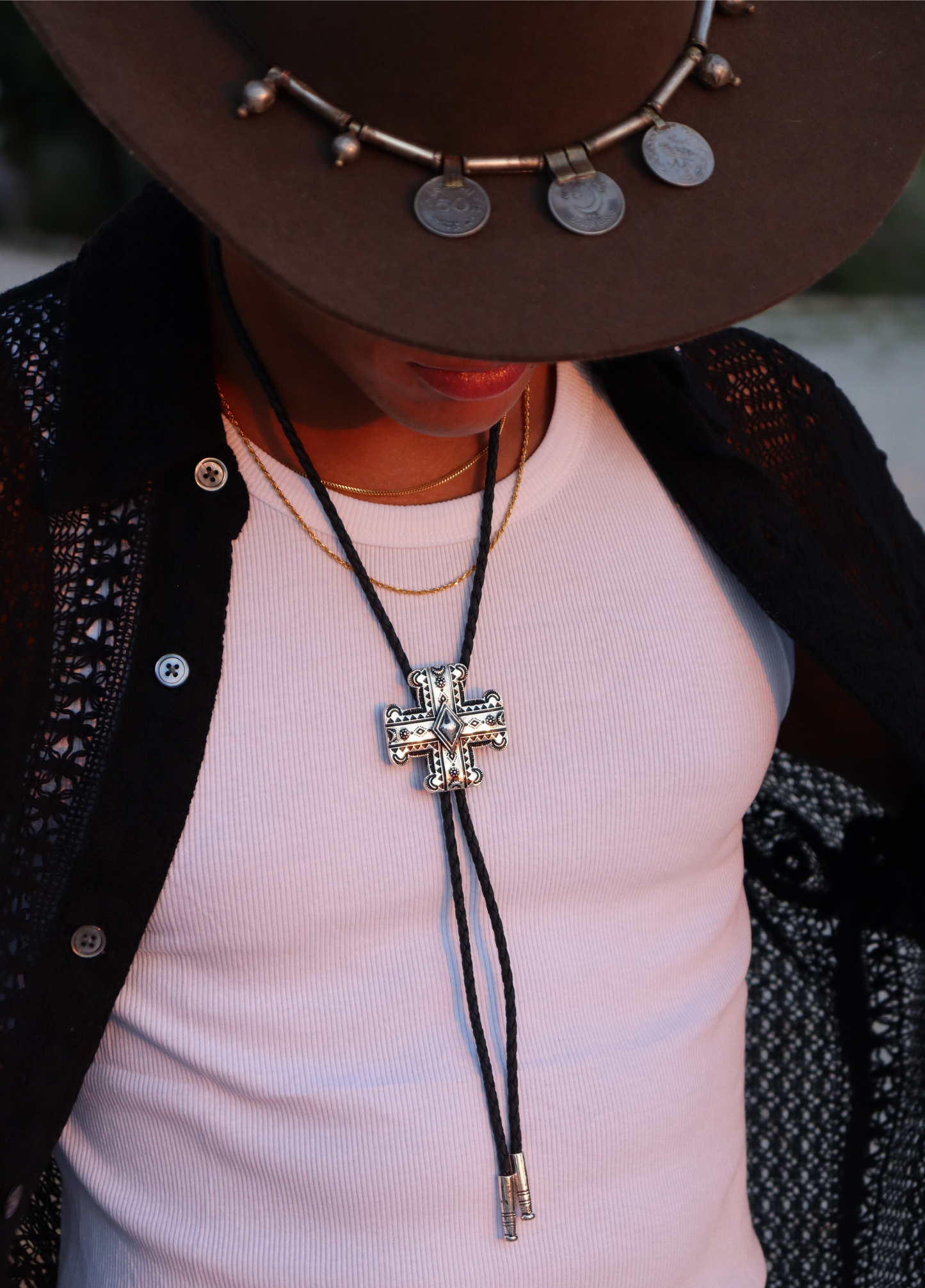 Silver cross Bolo Tie