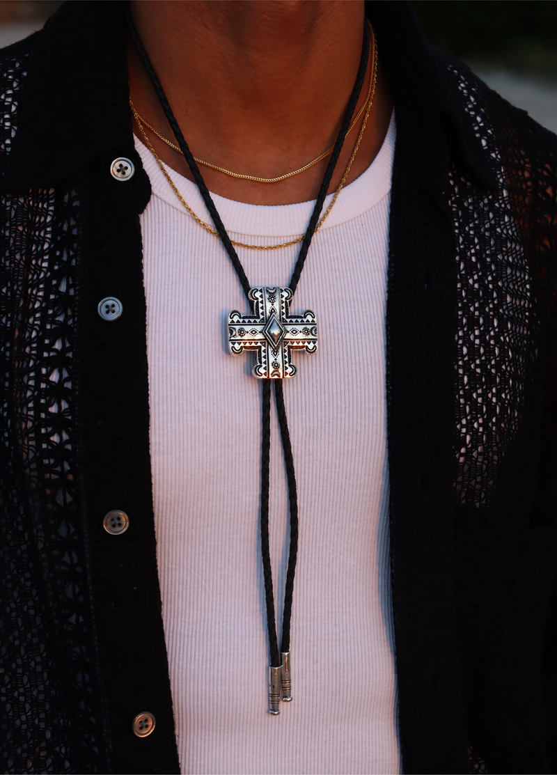 Silver cross Bolo Tie