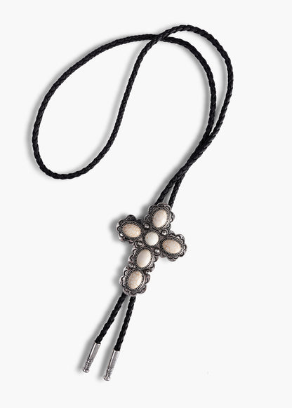 White gems cross Bolo tie