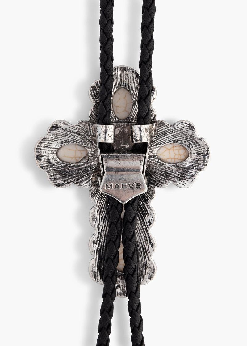 White gems cross Bolo tie